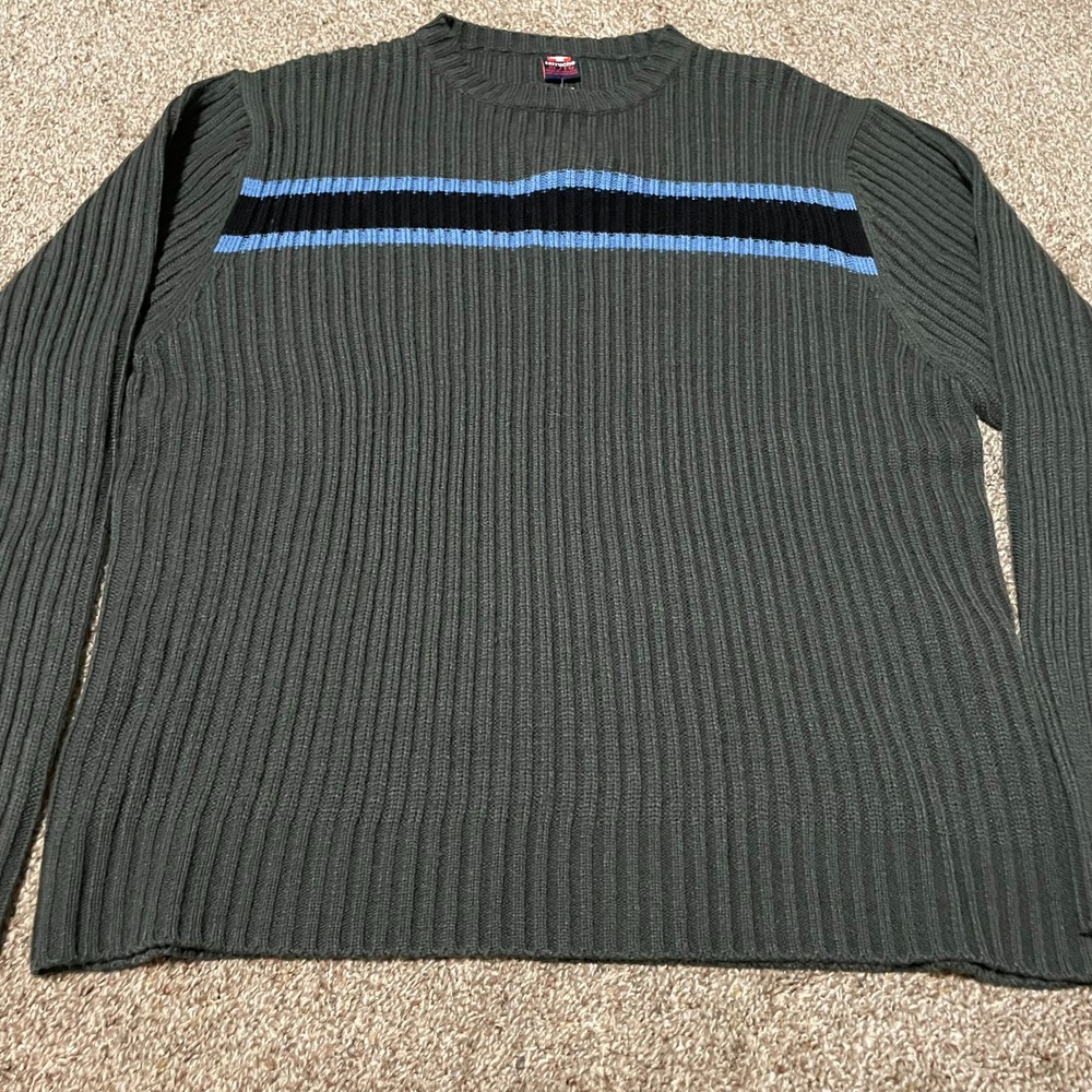 FERRUCHE Mens XL TG Gray Ribbed Crew Neck Long Sleeve Sweater Stripes